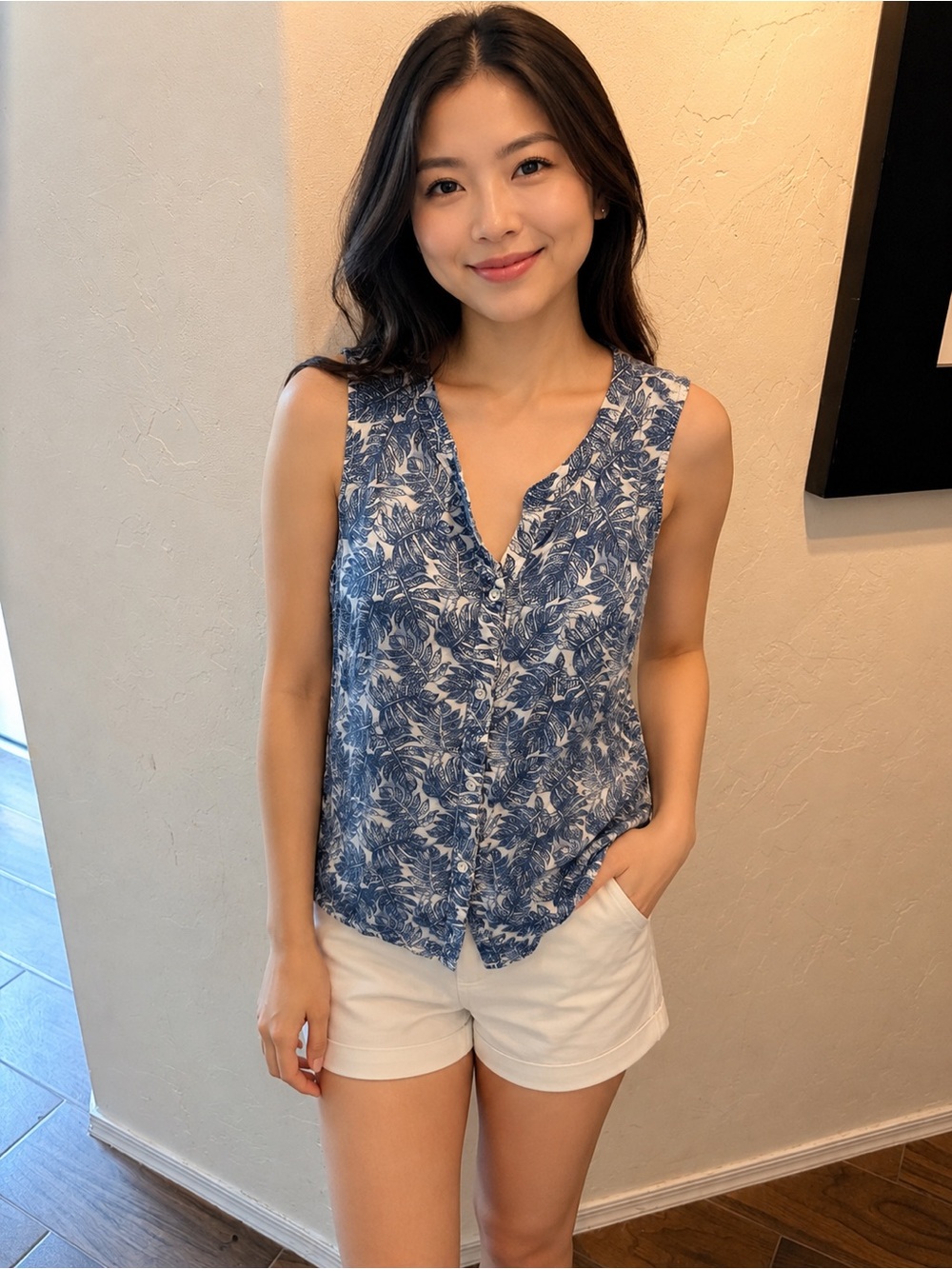 Eddie Bauer Blue Floral Sleeveless V-Neck Camisole